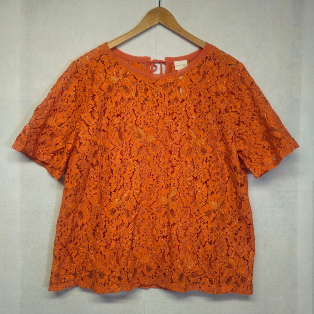 Chico's Orange Short Sleeve Lace Top Semi-Sheer Floral Blouse Sz 0 / US S